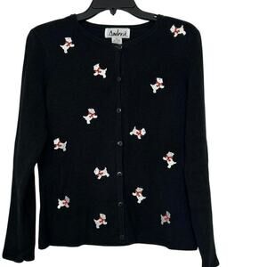 Ámbra Vtg Black Scottie Dog Holiday Button Down Cardigan Sweater SP Novelty